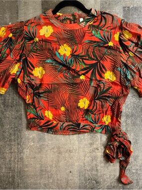 True Destiny Red Tropical Tie-Front Crop Top with Yellow Floral Print